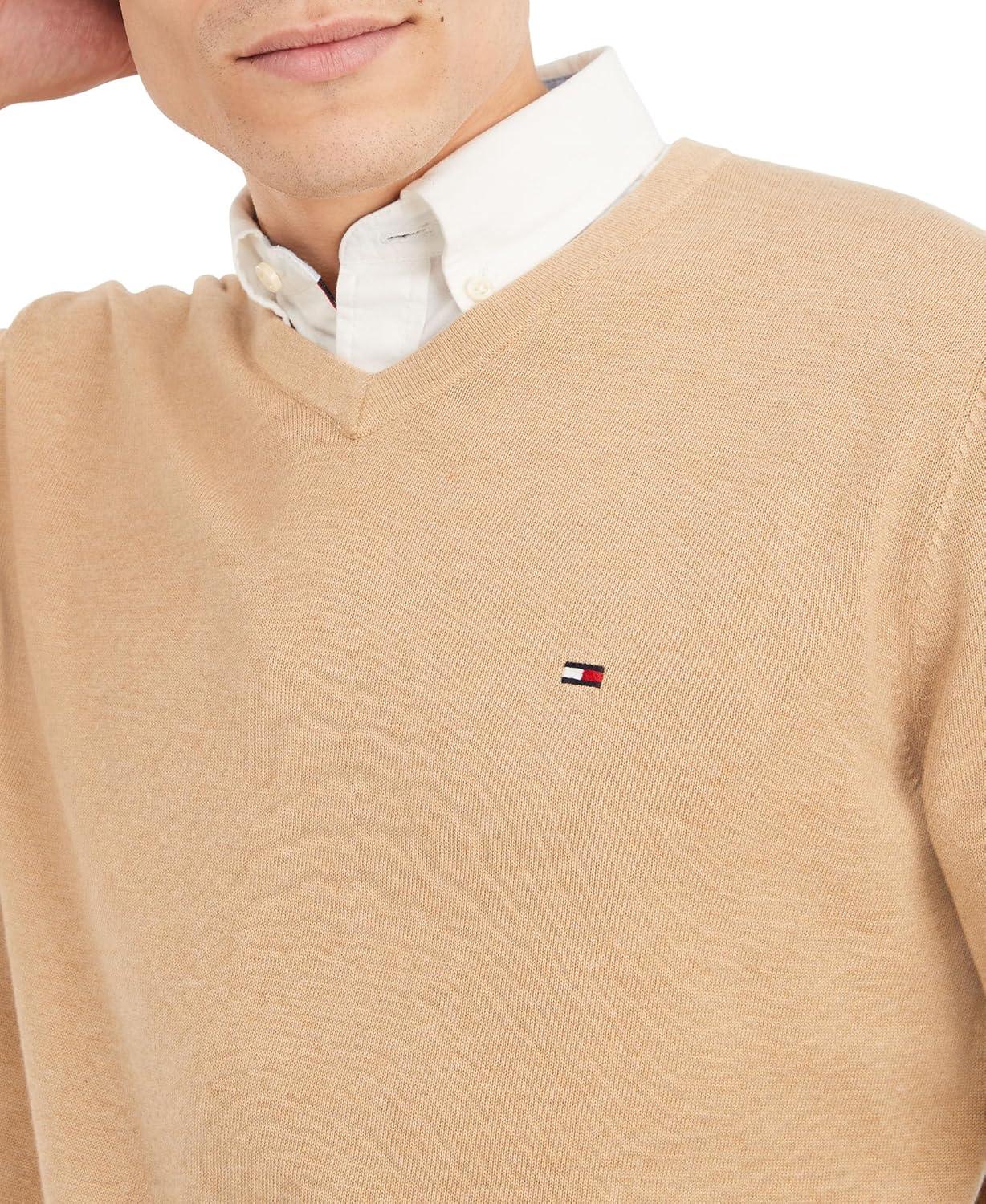 imageTommy Hilfiger Mens Essential Long Sleeve Cotton VNeck Pullover SweaterLight Beige Heather