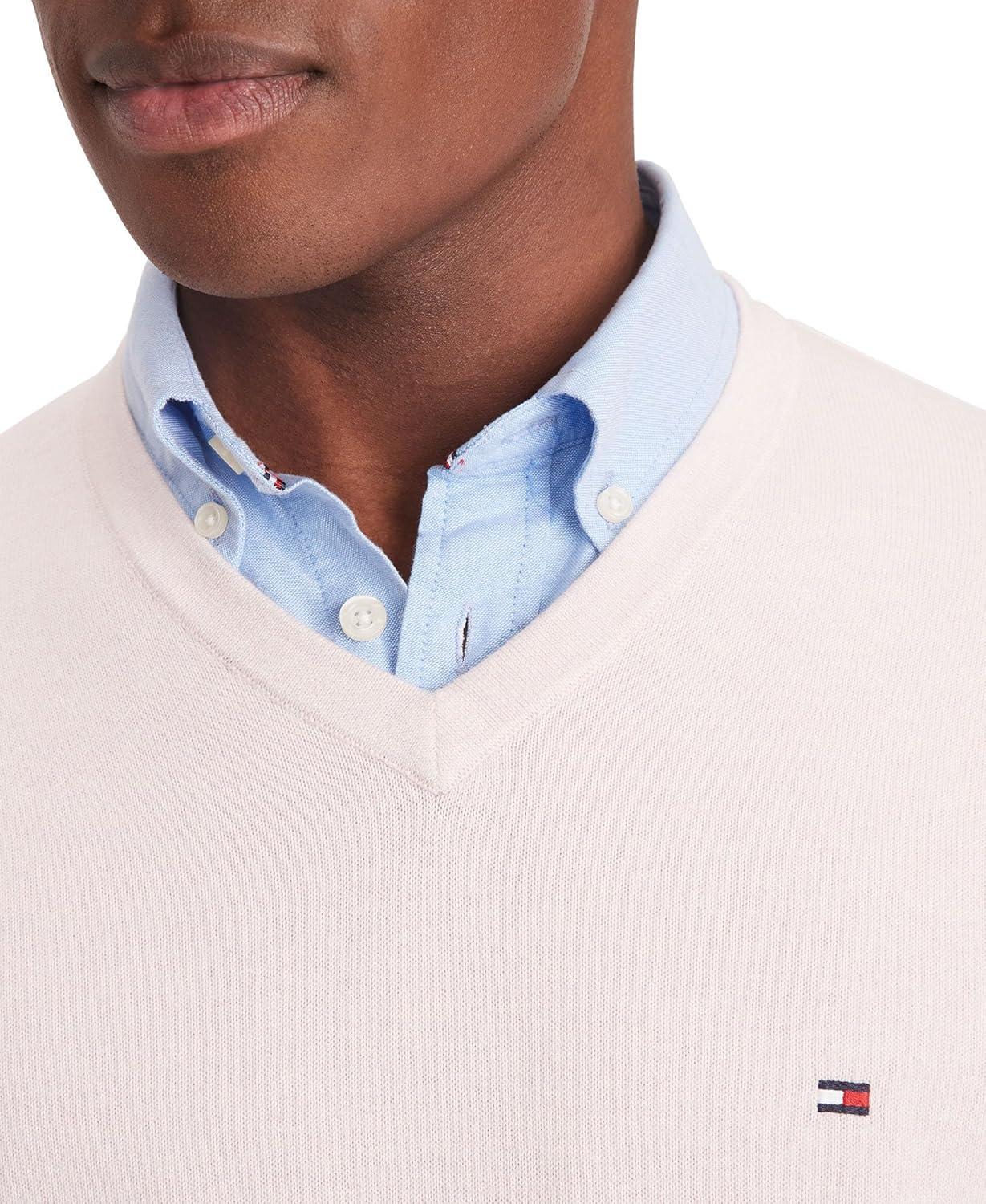 imageTommy Hilfiger Mens Essential Long Sleeve Cotton VNeck Pullover SweaterLight Pink Heather