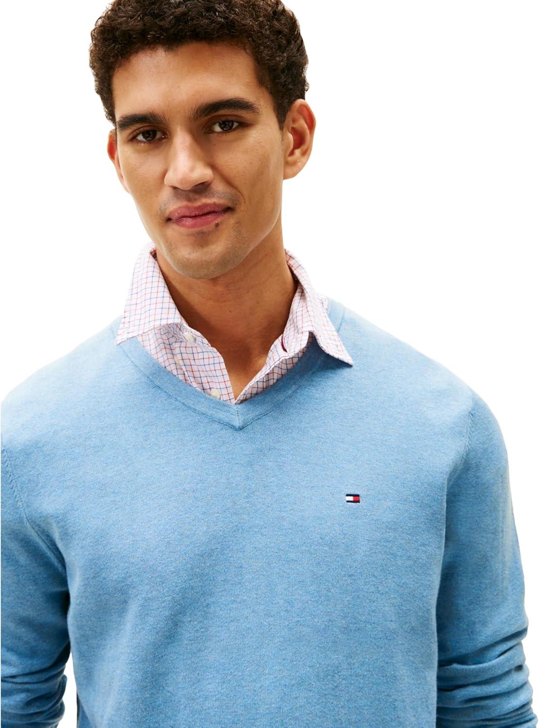 imageTommy Hilfiger Mens Essential Long Sleeve Cotton VNeck Pullover SweaterMedium Chambray
