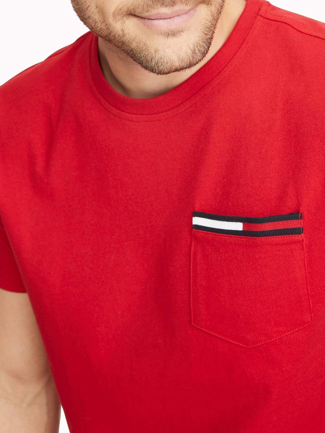 imageTommy Hilfiger Mens Essential Short Sleeve Stripe Crewneck Pocket TShirtApple Red