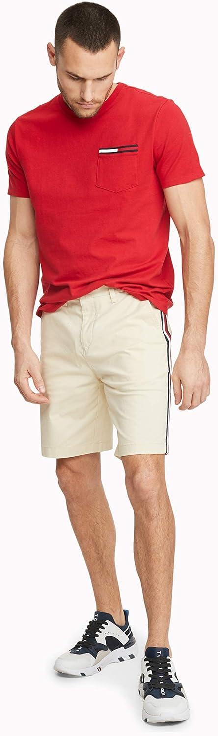 imageTommy Hilfiger Mens Essential Short Sleeve Stripe Crewneck Pocket TShirtApple Red