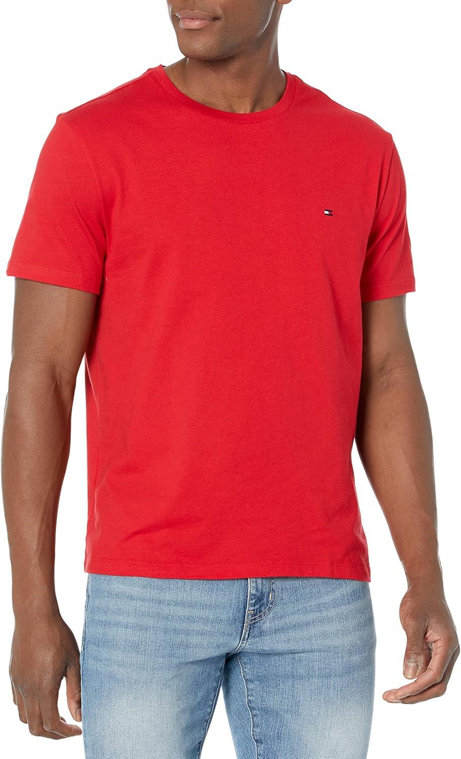 imageTommy Hilfiger Mens Essential Short Sleeve Stripe Crewneck Pocket TShirtApple Red
