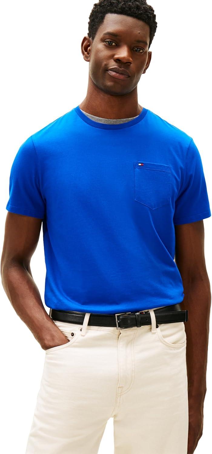 imageTommy Hilfiger Mens Essential Short Sleeve Stripe Crewneck Pocket TShirtCobalt