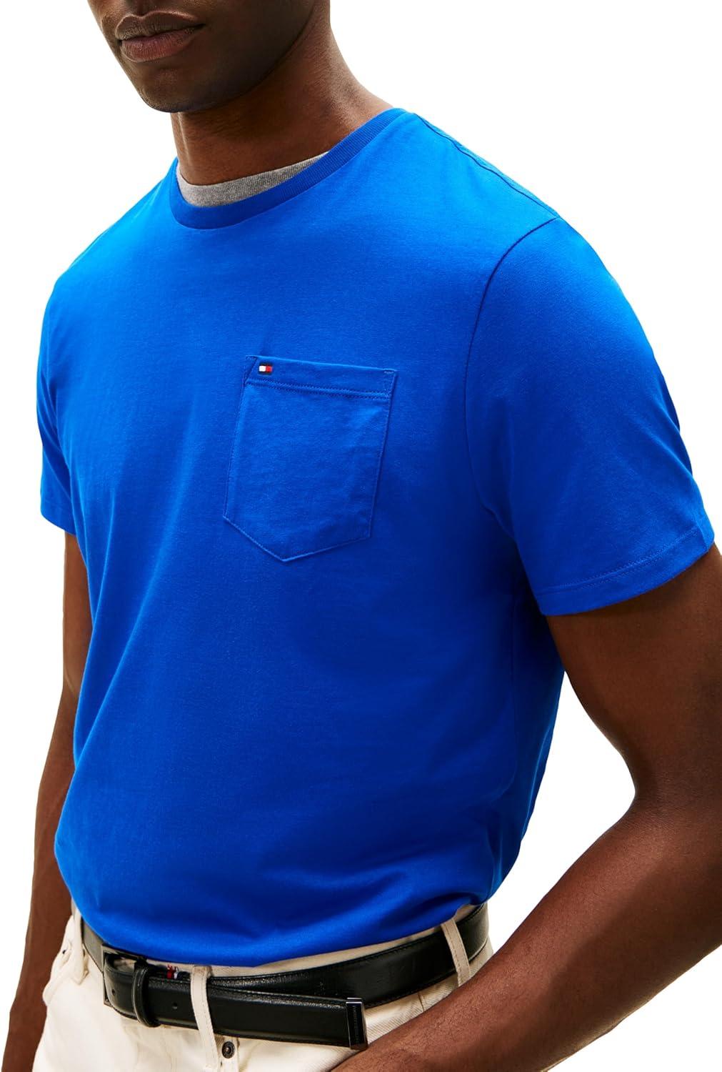 imageTommy Hilfiger Mens Essential Short Sleeve Stripe Crewneck Pocket TShirtCobalt