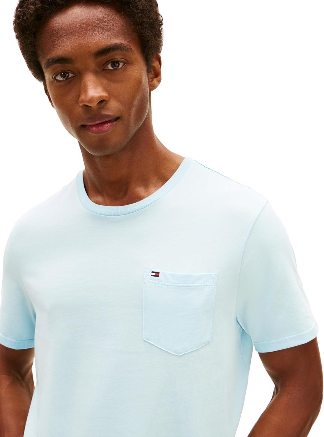 imageTommy Hilfiger Mens Essential Short Sleeve Stripe Crewneck Pocket TShirtCorydalis Blue