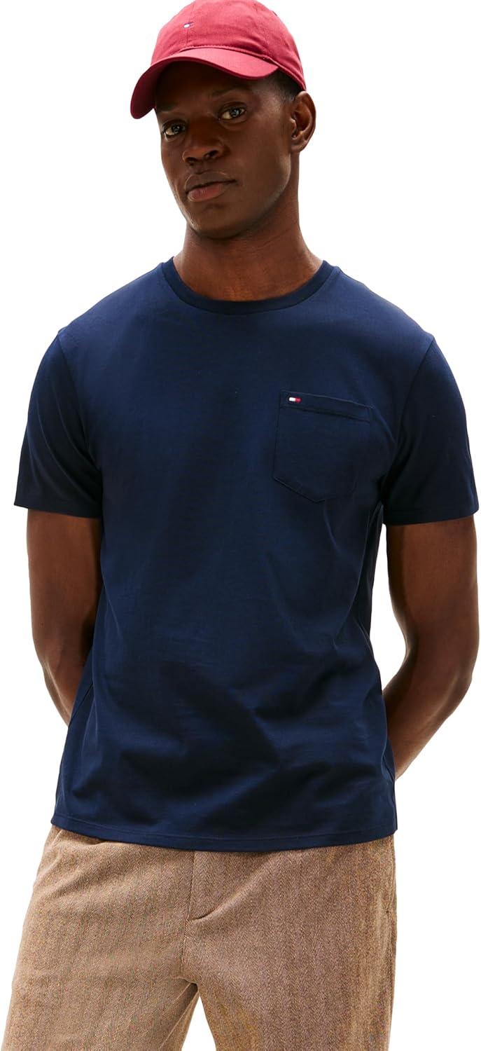imageTommy Hilfiger Mens Essential Short Sleeve Stripe Crewneck Pocket TShirtNavy Blazer