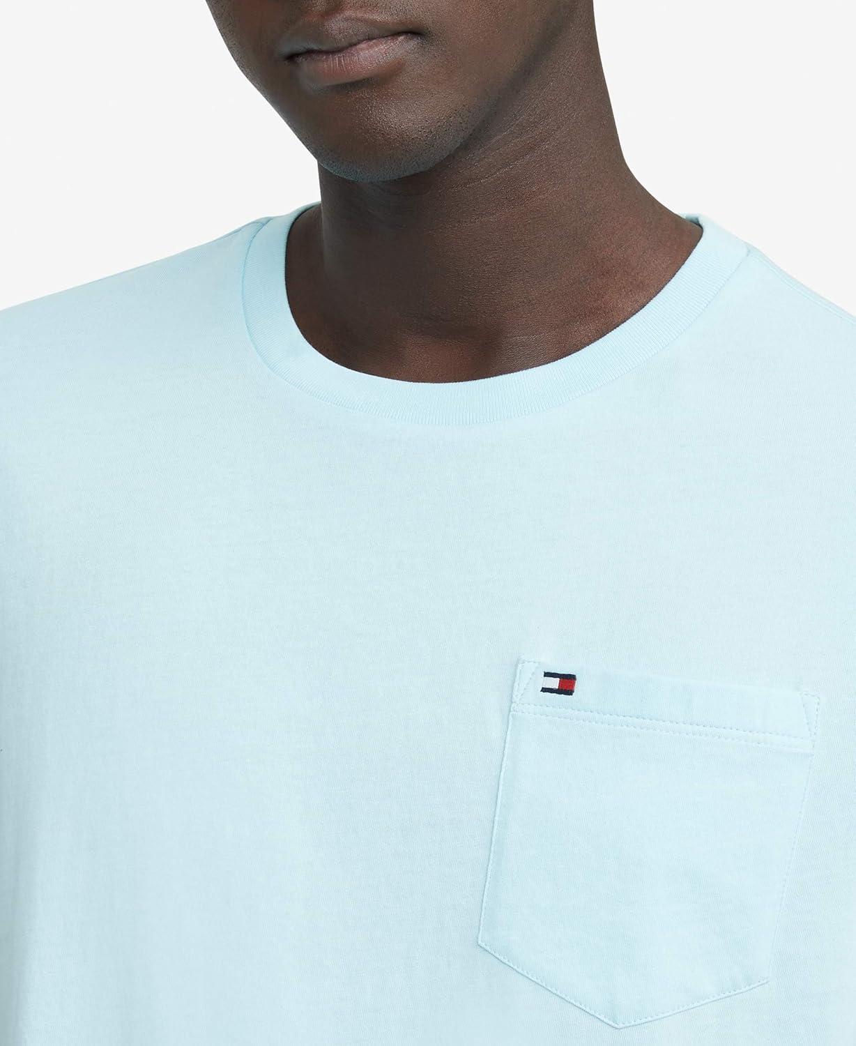 imageTommy Hilfiger Mens Essential Short Sleeve Stripe Crewneck Pocket TShirtSkyline Blue