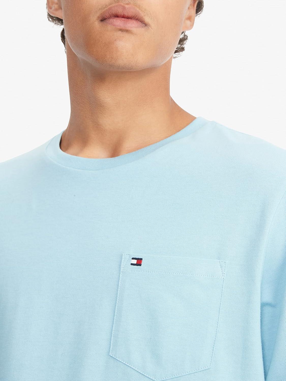 imageTommy Hilfiger Mens Essential Short Sleeve Stripe Crewneck Pocket TShirtSleepy Blue