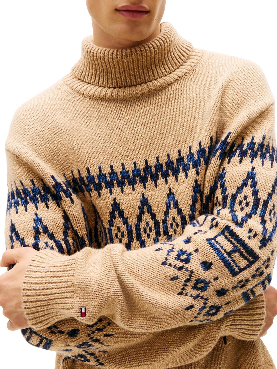 imageTommy Hilfiger Mens Fairisle Lambswool Rollneck Sweater PulloverTimeless Camel Heather