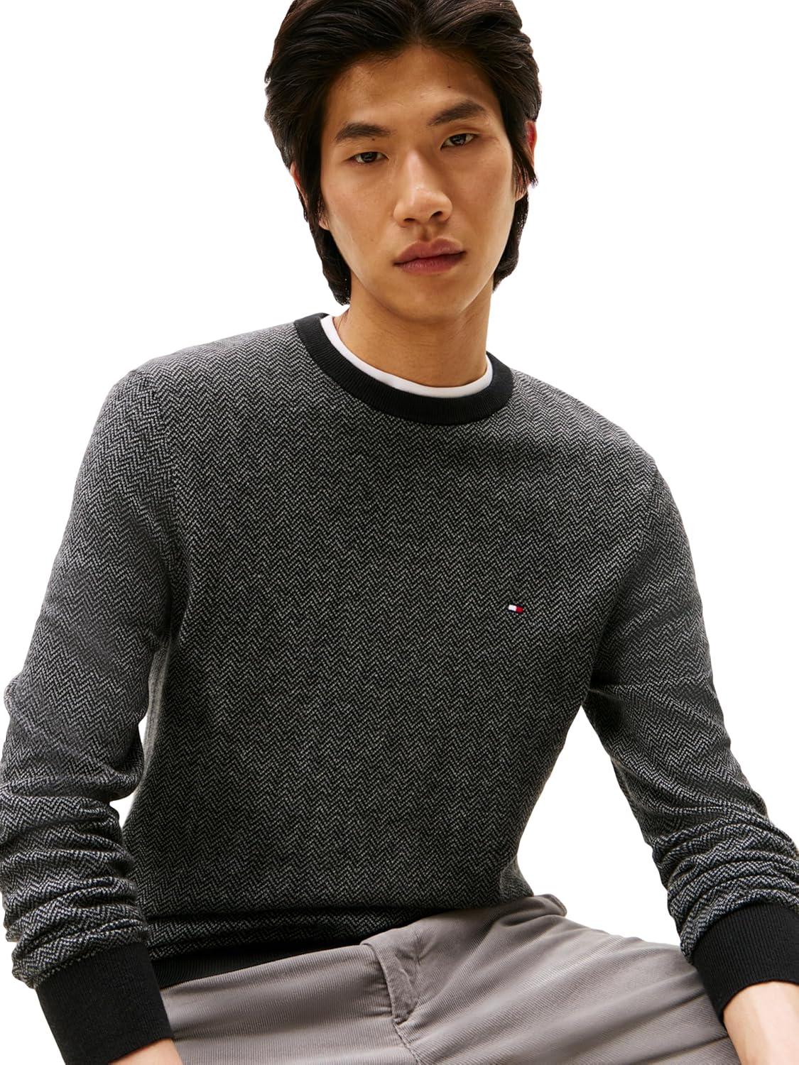 imageTommy Hilfiger Mens Herringbone Cotton Cashmere Crewneck Sweater PulloverBlackMedium Grey Heather