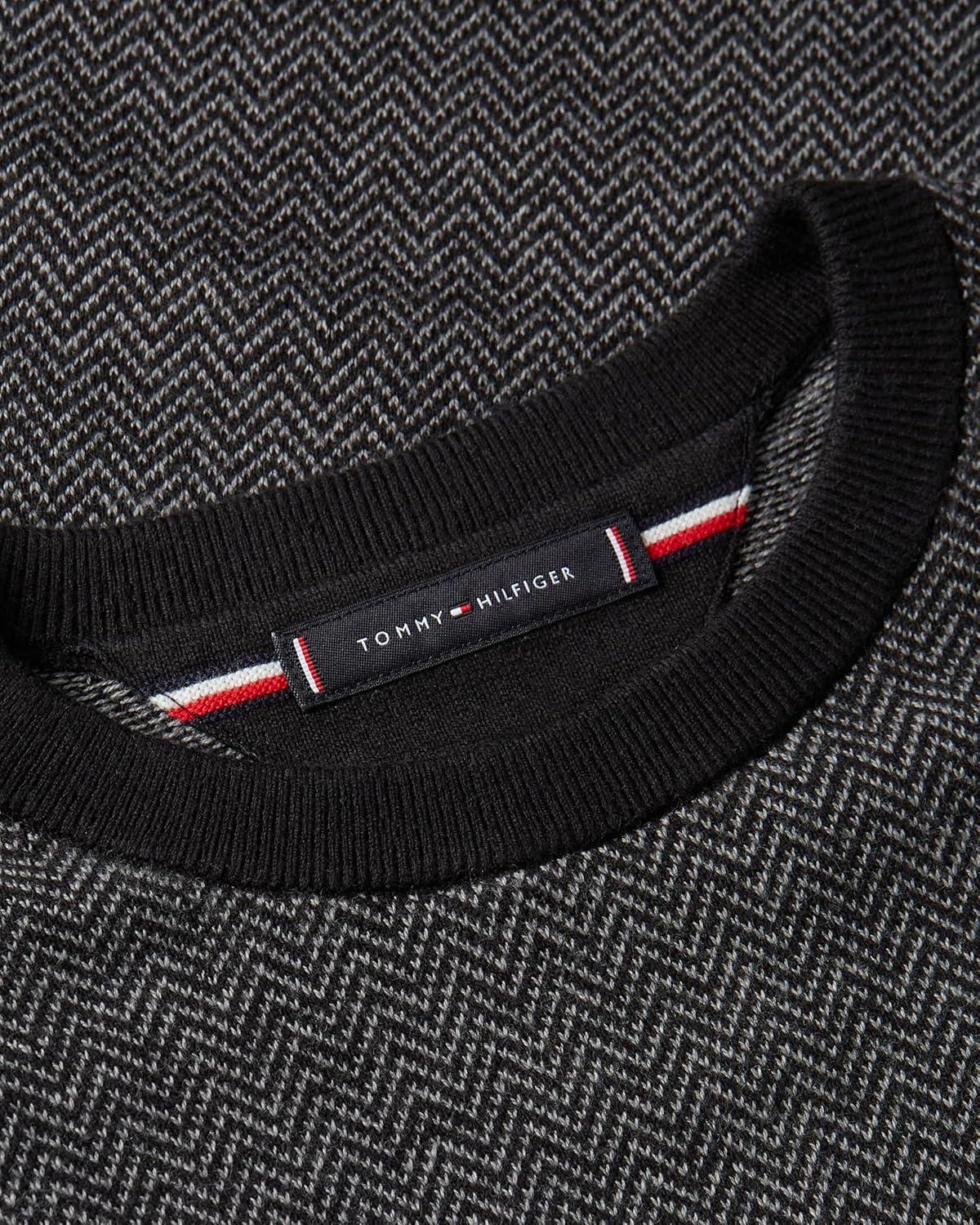 imageTommy Hilfiger Mens Herringbone Cotton Cashmere Crewneck Sweater PulloverBlackMedium Grey Heather
