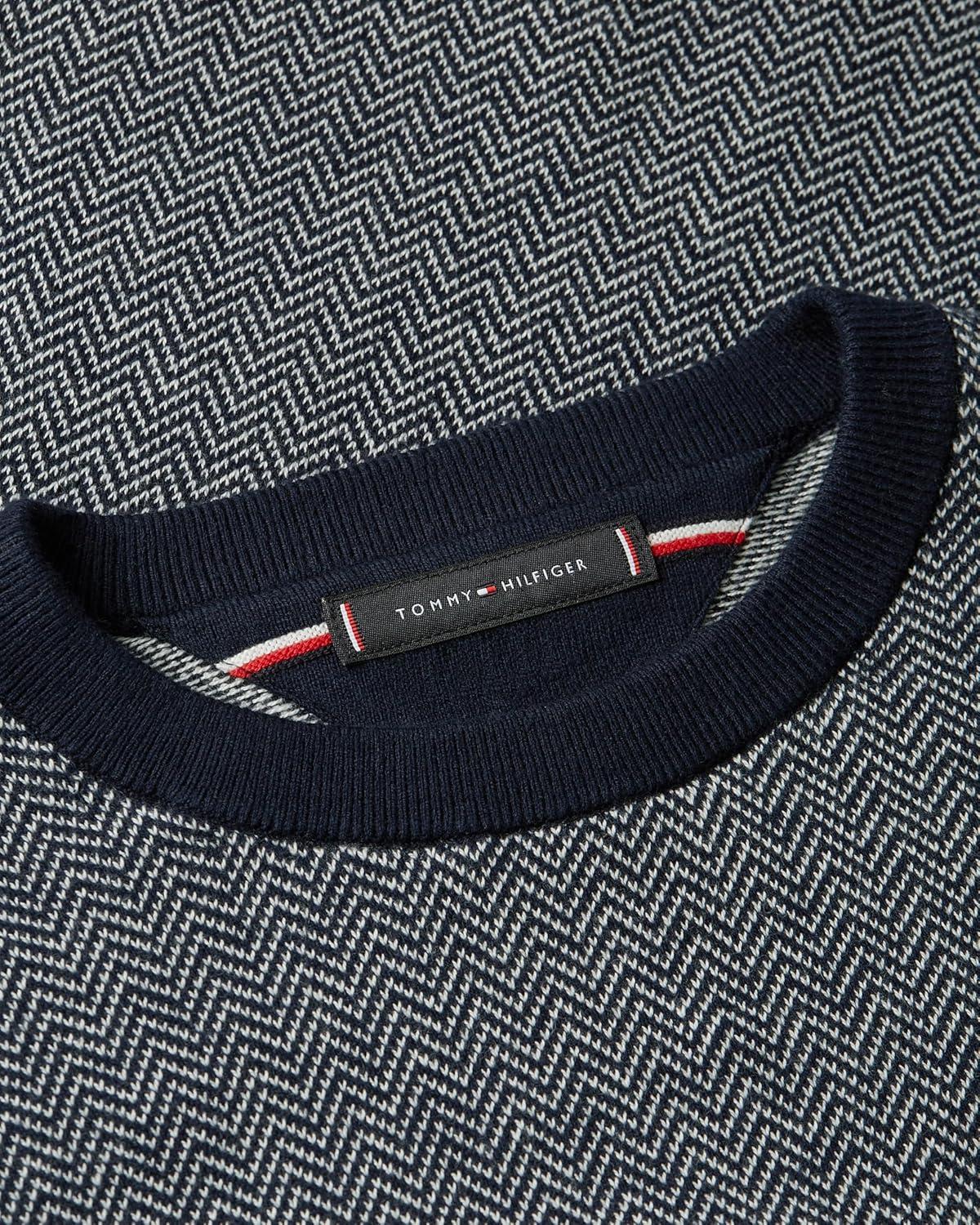 imageTommy Hilfiger Mens Herringbone Cotton Cashmere Crewneck Sweater PulloverDesert SkyIvory Petal