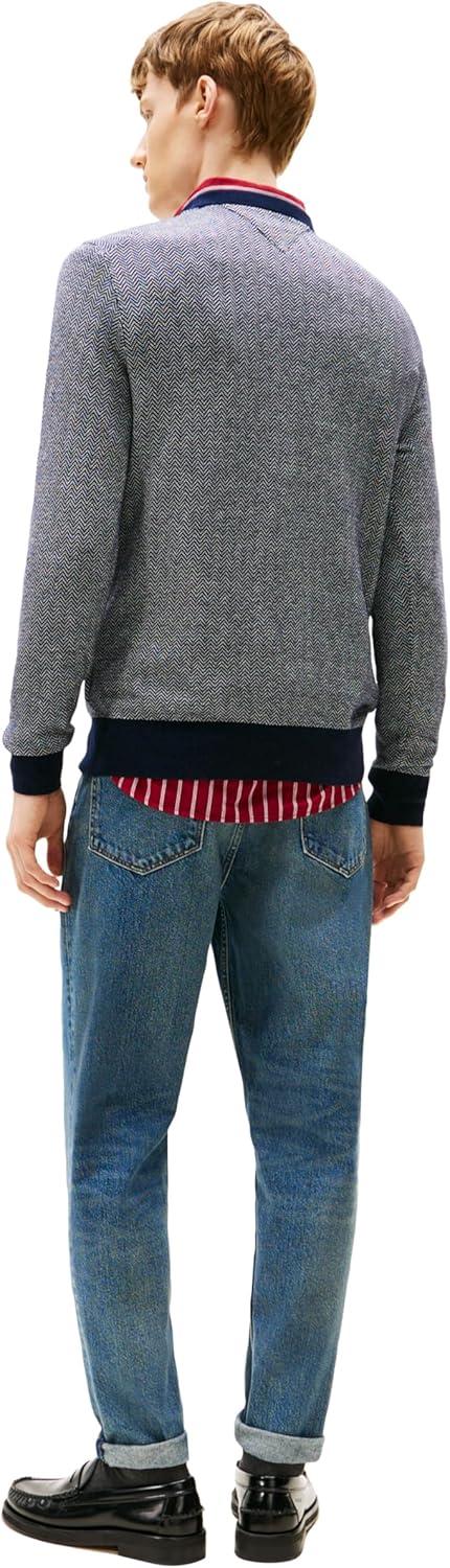 imageTommy Hilfiger Mens Herringbone Cotton Cashmere Crewneck Sweater PulloverDesert SkyIvory Petal
