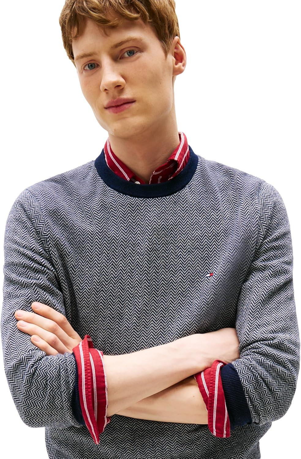 imageTommy Hilfiger Mens Herringbone Cotton Cashmere Crewneck Sweater PulloverDesert SkyIvory Petal