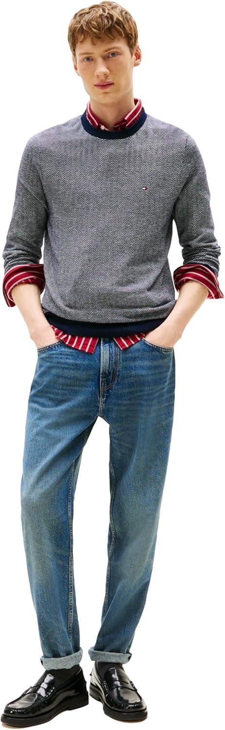 imageTommy Hilfiger Mens Herringbone Cotton Cashmere Crewneck Sweater PulloverDesert SkyIvory Petal