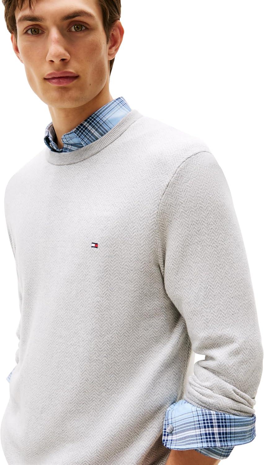 imageTommy Hilfiger Mens Herringbone Cotton Cashmere Crewneck Sweater PulloverLight Grey HeatherIvory Petal