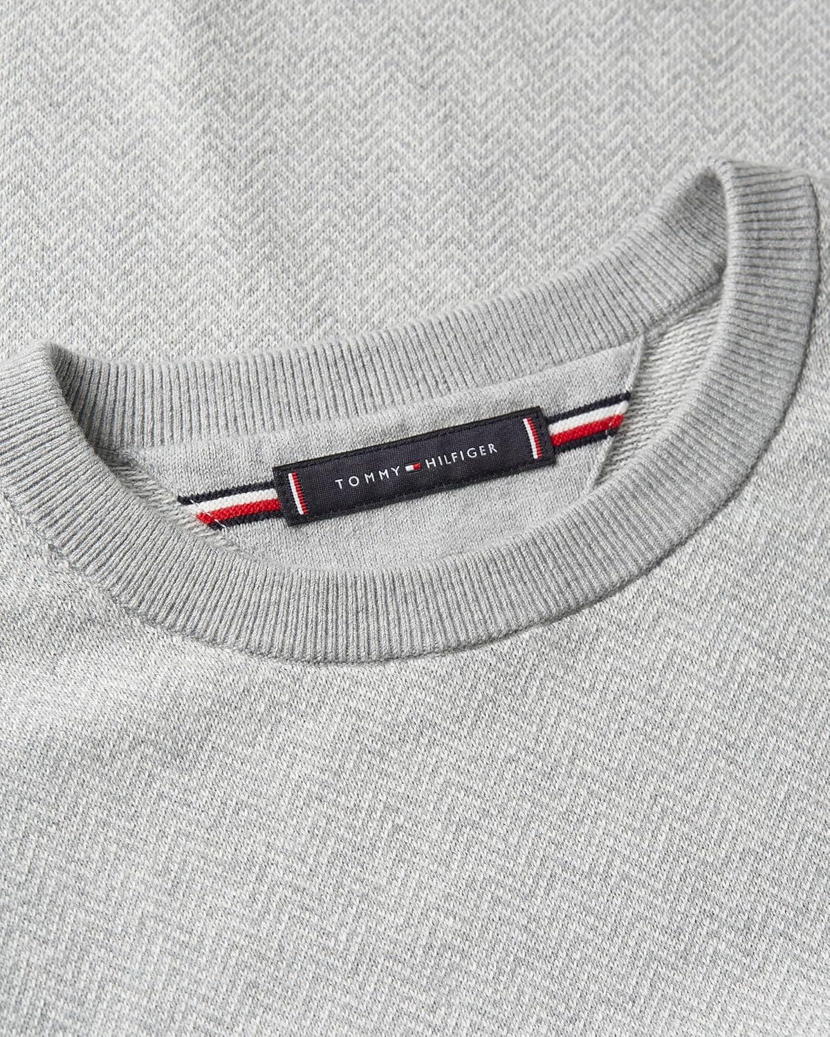 imageTommy Hilfiger Mens Herringbone Cotton Cashmere Crewneck Sweater PulloverLight Grey HeatherIvory Petal