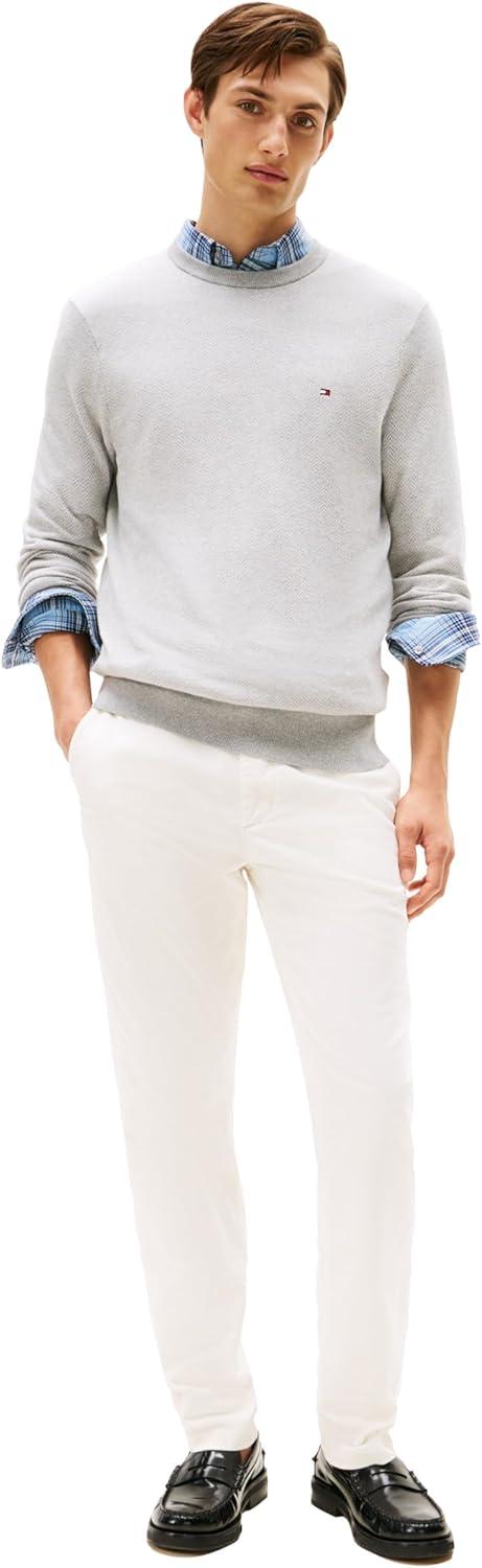 imageTommy Hilfiger Mens Herringbone Cotton Cashmere Crewneck Sweater PulloverLight Grey HeatherIvory Petal