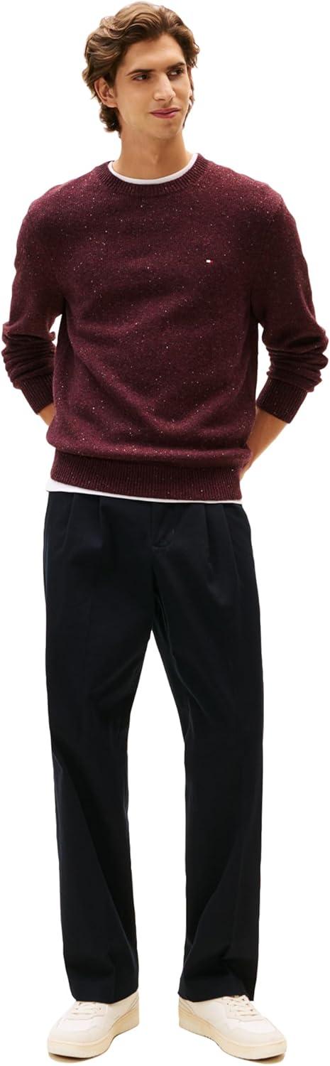 imageTommy Hilfiger Mens Lambswool Donegal Crewneck Sweater PulloverDeep Burgundy Heather