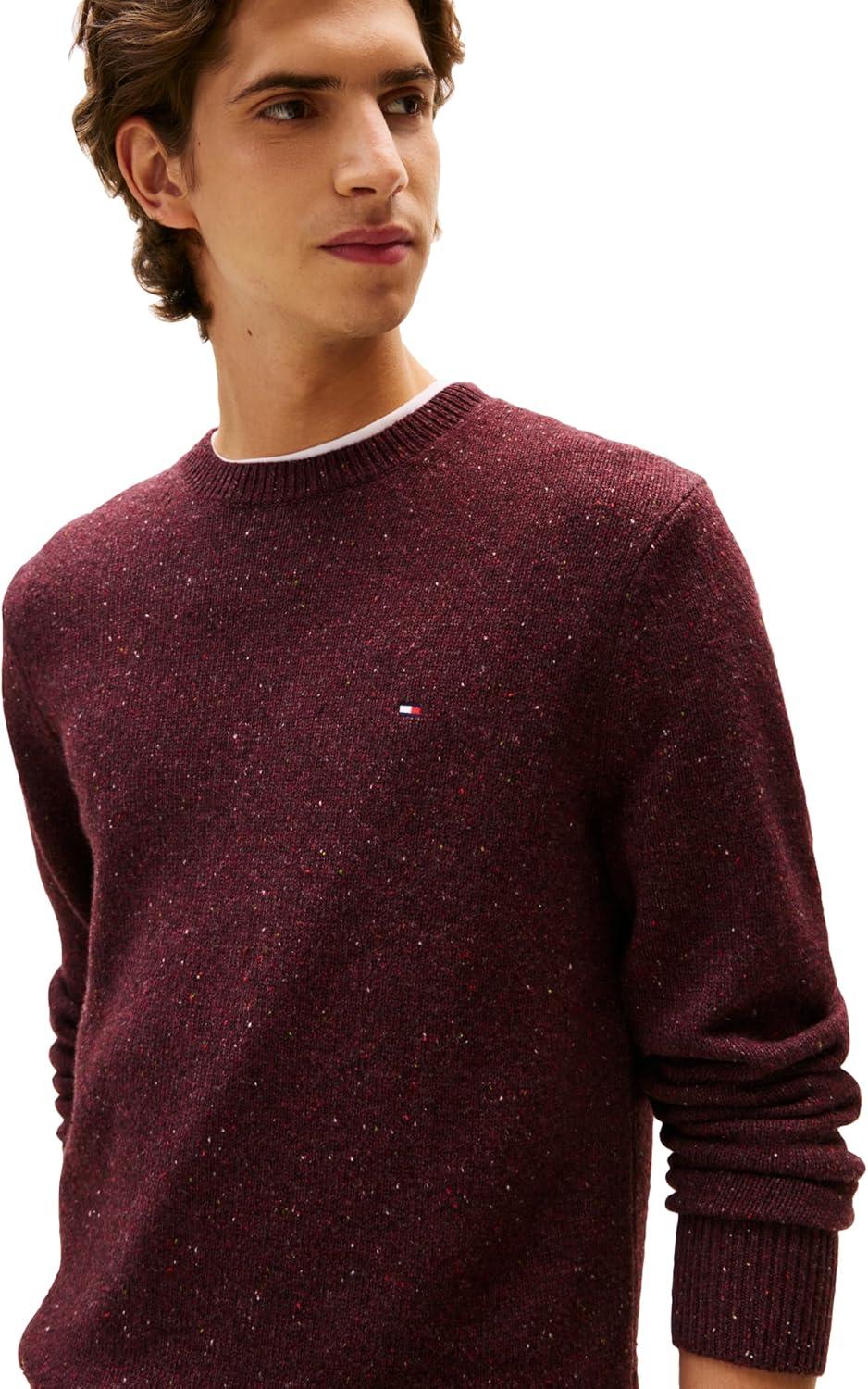 imageTommy Hilfiger Mens Lambswool Donegal Crewneck Sweater PulloverDeep Burgundy Heather