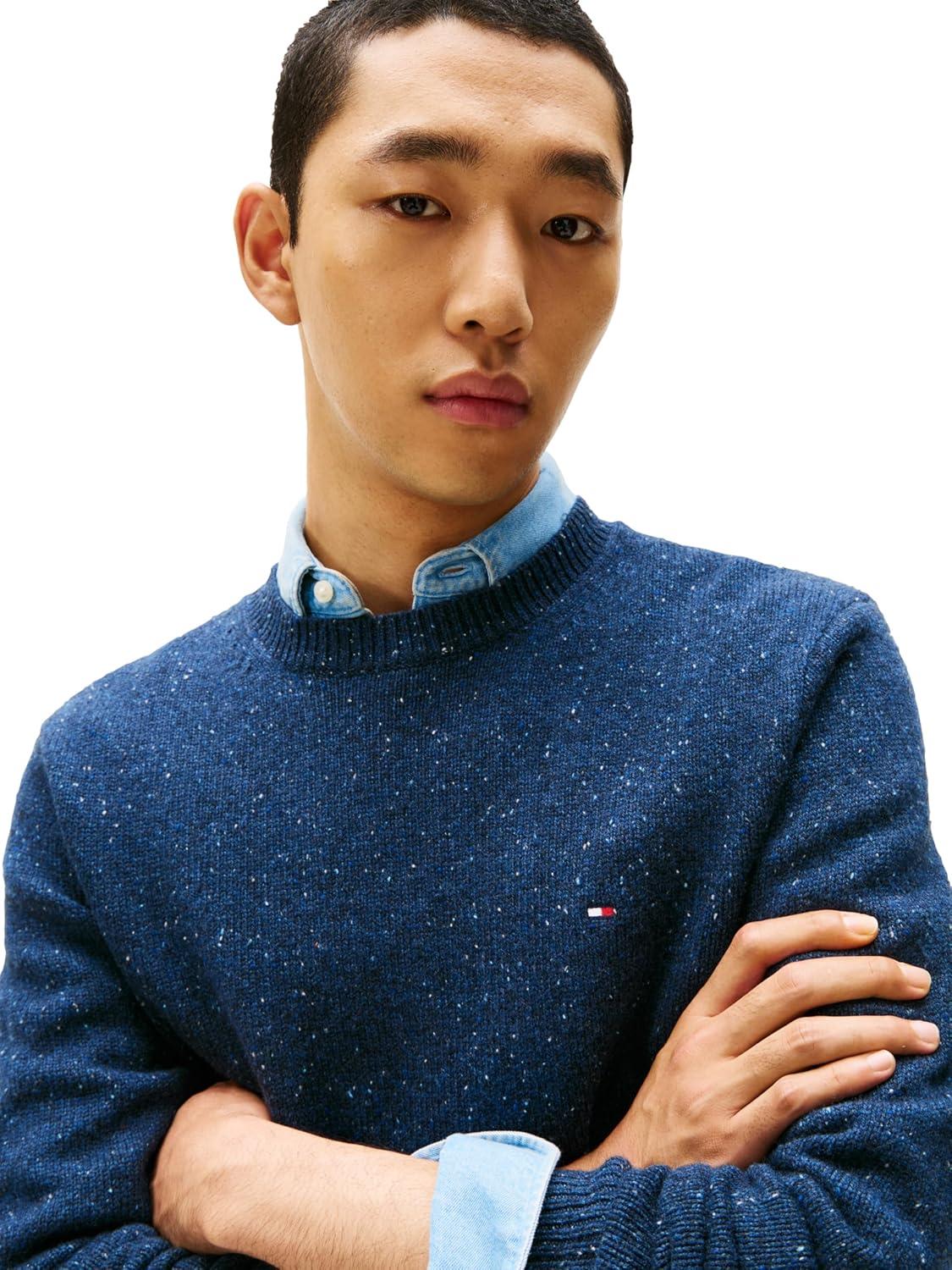 imageTommy Hilfiger Mens Lambswool Donegal Crewneck Sweater PulloverDesert Sky Heather