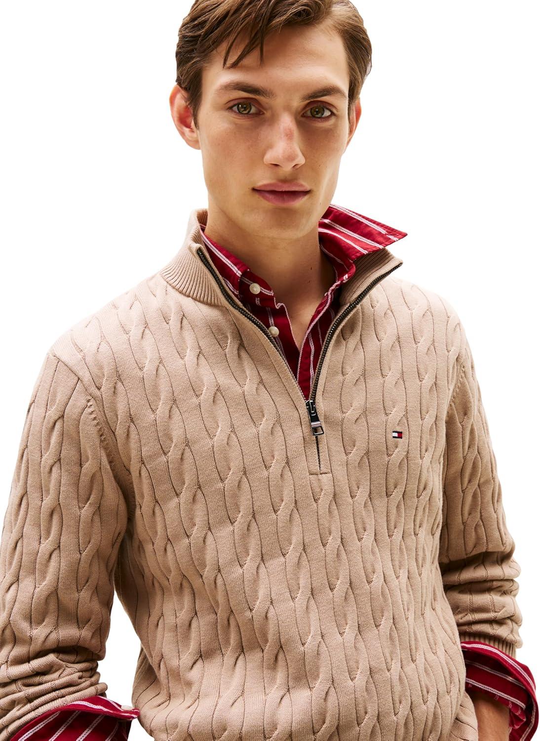 imageTommy Hilfiger Mens Lightweight Cable Pullover Quarter Zip SweaterCoastal Taupe