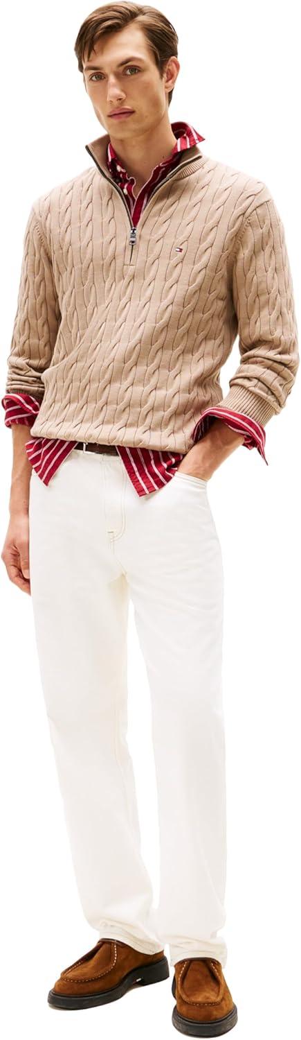imageTommy Hilfiger Mens Lightweight Cable Pullover Quarter Zip SweaterCoastal Taupe