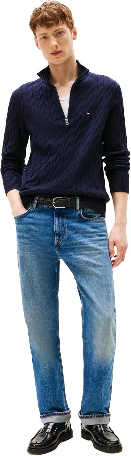 imageTommy Hilfiger Mens Lightweight Cable Pullover Quarter Zip SweaterDesert Sky
