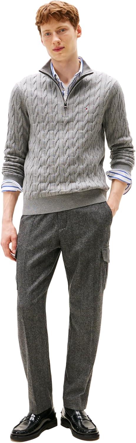 imageTommy Hilfiger Mens Lightweight Cable Pullover Quarter Zip SweaterMedium Grey Heather