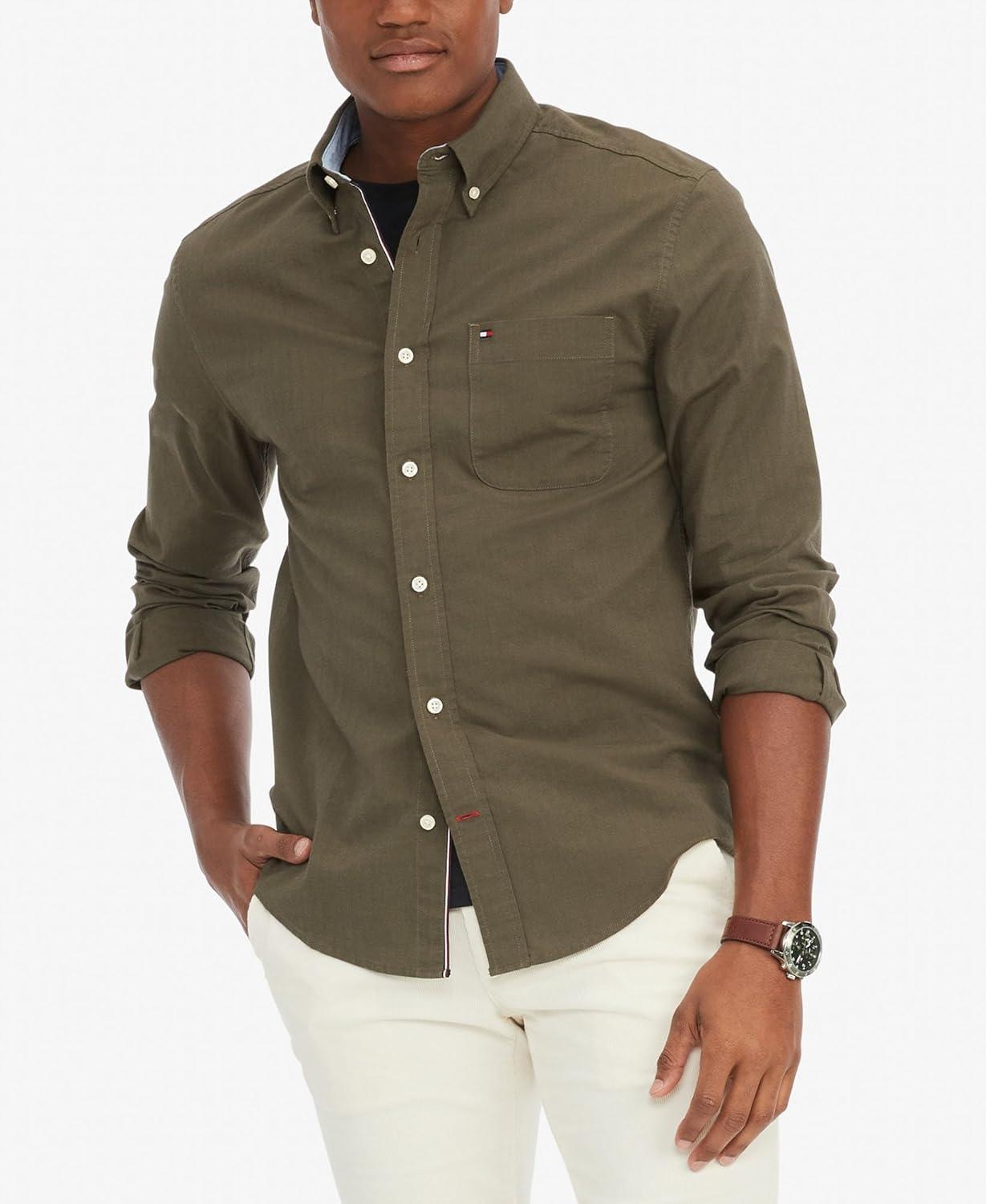 imageTommy Hilfiger Mens Long Sleeve Button Down Stretch Oxford Shirt in Regular FitArmy Green