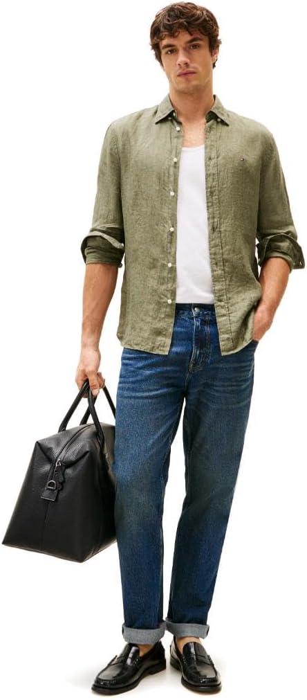 imageTommy Hilfiger Mens Long Sleeve Casual Linen Button Down Shirts in Regular FitBattle Green