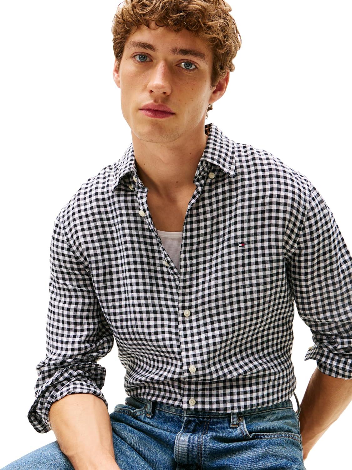 imageTommy Hilfiger Mens Long Sleeve Casual Linen Button Down Shirts in Regular FitBlack Check
