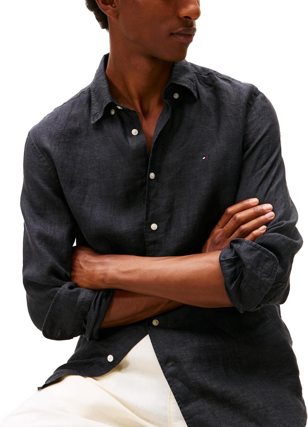 imageTommy Hilfiger Mens Long Sleeve Casual Linen Button Down Shirts in Regular FitBlack