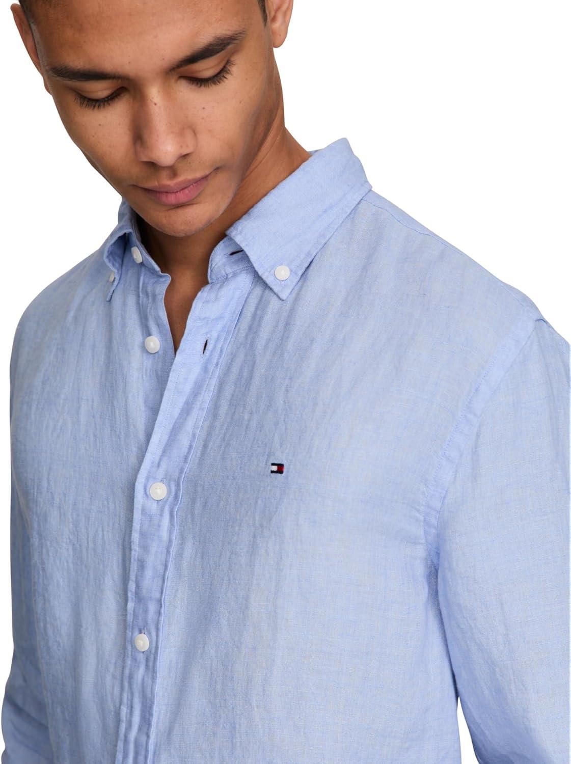 imageTommy Hilfiger Mens Long Sleeve Casual Linen Button Down Shirts in Regular FitBlue