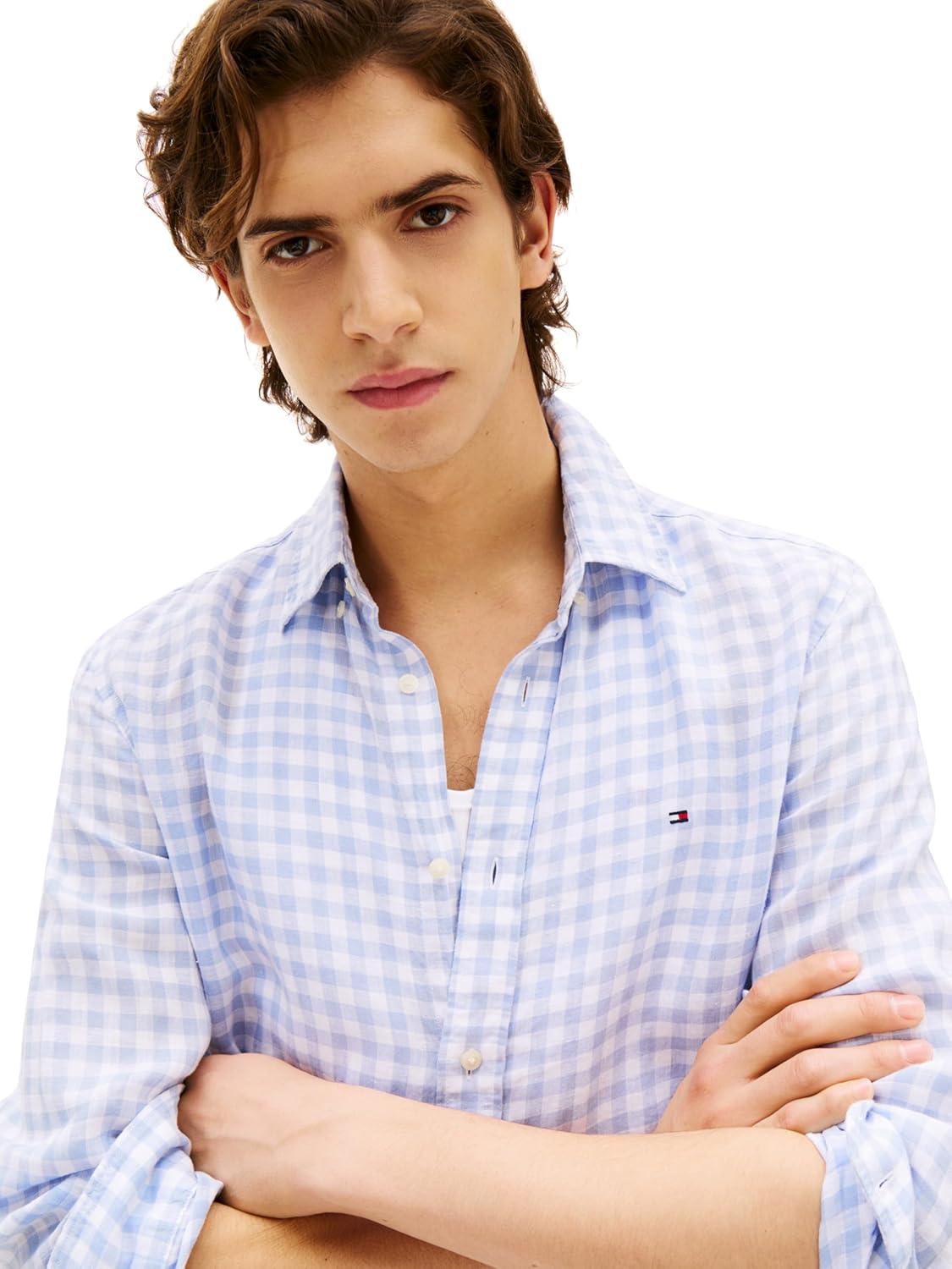 imageTommy Hilfiger Mens Long Sleeve Casual Linen Button Down Shirts in Regular FitBreezy Blue Check
