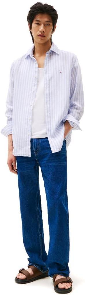 imageTommy Hilfiger Mens Long Sleeve Casual Linen Button Down Shirts in Regular FitBreezy Blue Optic White