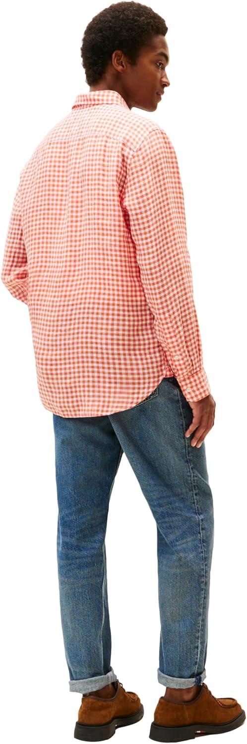imageTommy Hilfiger Mens Long Sleeve Casual Linen Button Down Shirts in Regular FitBrilliant Orange Check