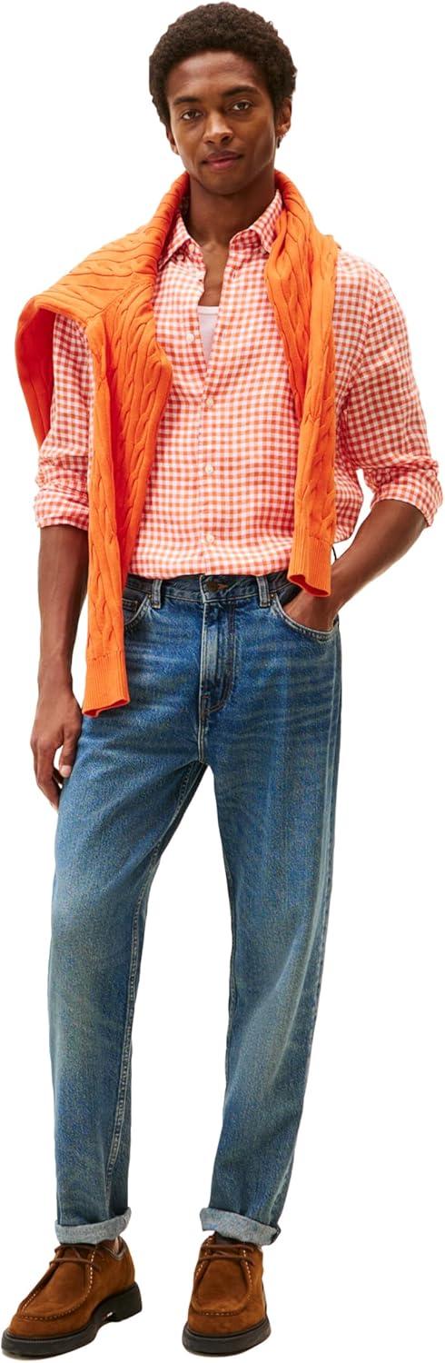 imageTommy Hilfiger Mens Long Sleeve Casual Linen Button Down Shirts in Regular FitBrilliant Orange Check