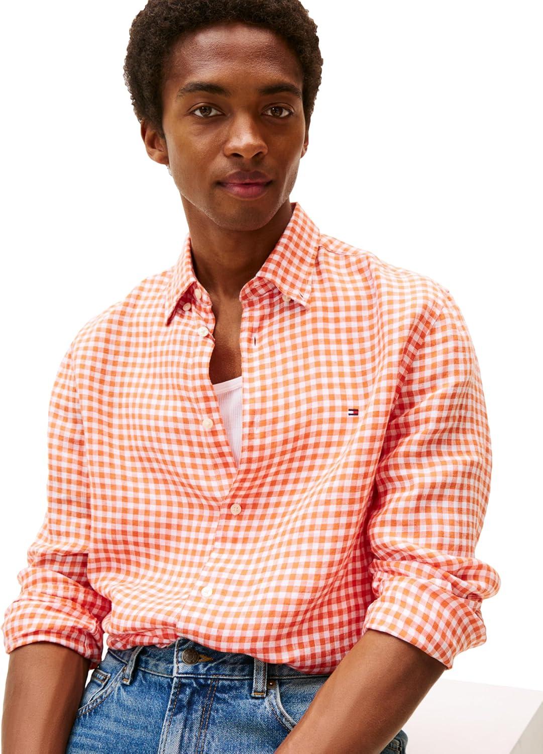 imageTommy Hilfiger Mens Long Sleeve Casual Linen Button Down Shirts in Regular FitBrilliant Orange Check