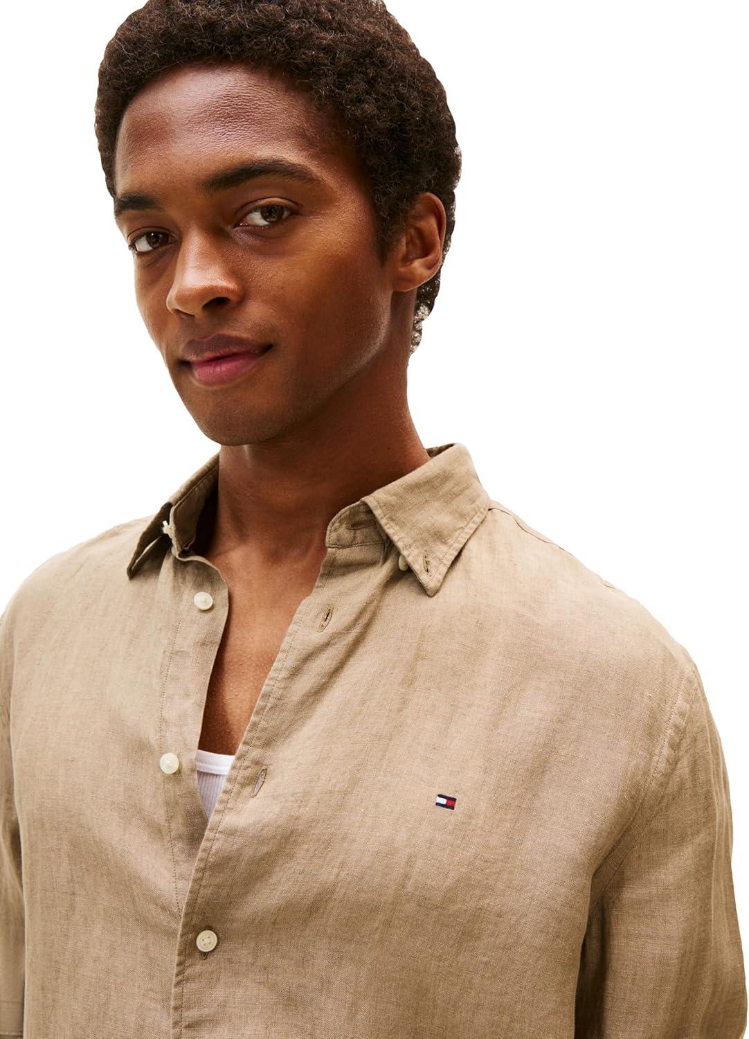 imageTommy Hilfiger Mens Long Sleeve Casual Linen Button Down Shirts in Regular FitCoastal Taupe