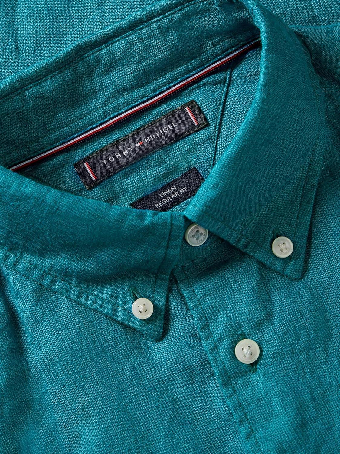 imageTommy Hilfiger Mens Long Sleeve Casual Linen Button Down Shirts in Regular FitDeep Ocean