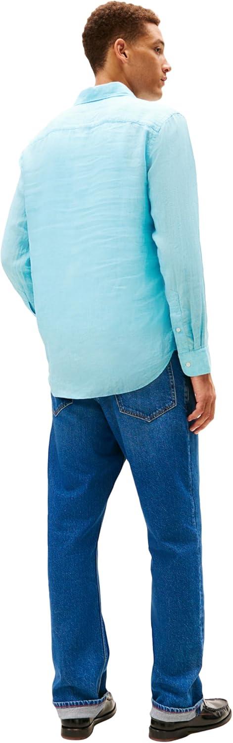 imageTommy Hilfiger Mens Long Sleeve Casual Linen Button Down Shirts in Regular FitDewy Blue