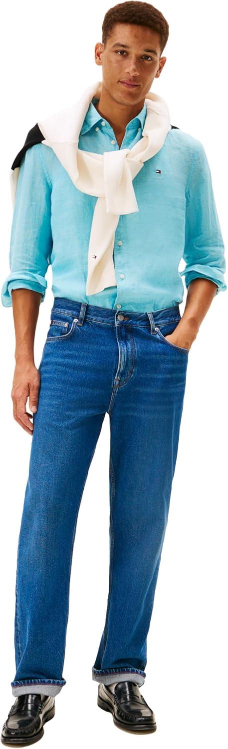 imageTommy Hilfiger Mens Long Sleeve Casual Linen Button Down Shirts in Regular FitDewy Blue