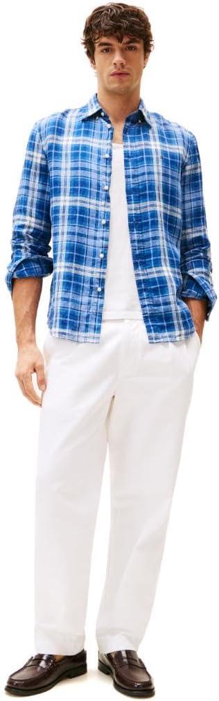 imageTommy Hilfiger Mens Long Sleeve Casual Linen Button Down Shirts in Regular FitNight Sky Check