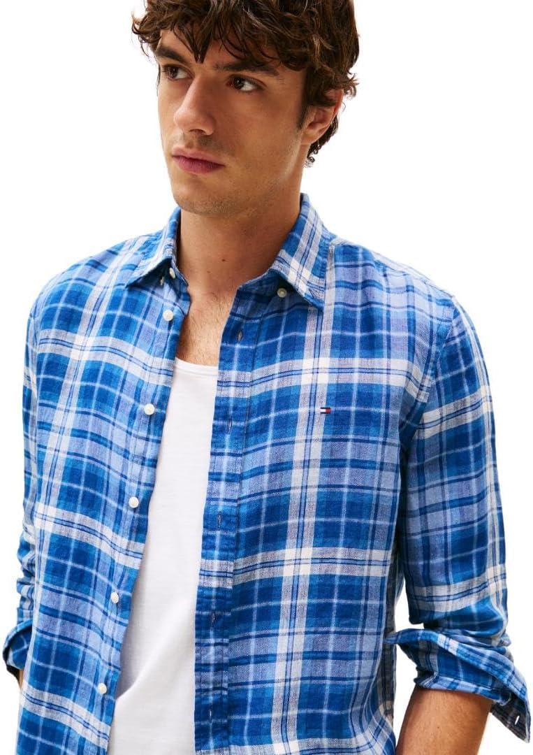 imageTommy Hilfiger Mens Long Sleeve Casual Linen Button Down Shirts in Regular FitNight Sky Check