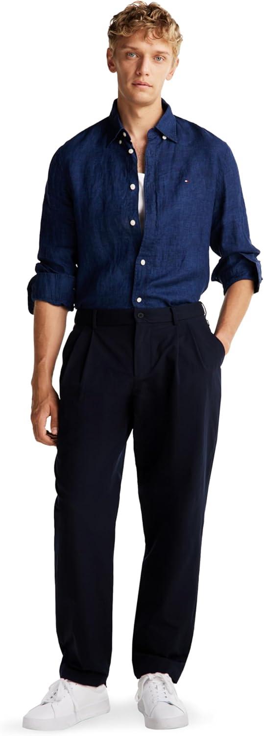 imageTommy Hilfiger Mens Long Sleeve Casual Linen Button Down Shirts in Regular FitNight Sky