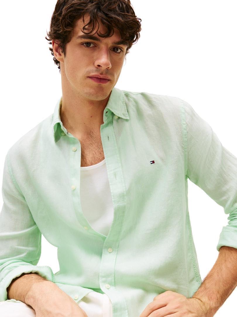 imageTommy Hilfiger Mens Long Sleeve Casual Linen Button Down Shirts in Regular FitOpal Green