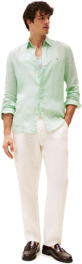 imageTommy Hilfiger Mens Long Sleeve Casual Linen Button Down Shirts in Regular FitOpal Green