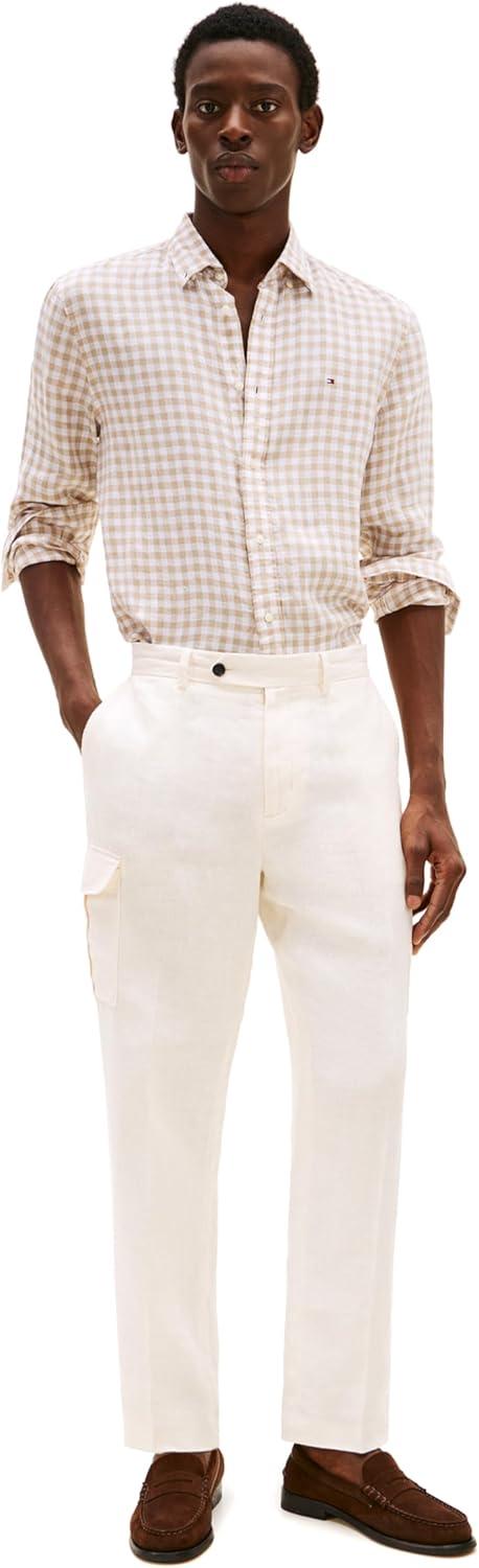imageTommy Hilfiger Mens Long Sleeve Casual Linen Button Down Shirts in Regular FitSandalwood Check