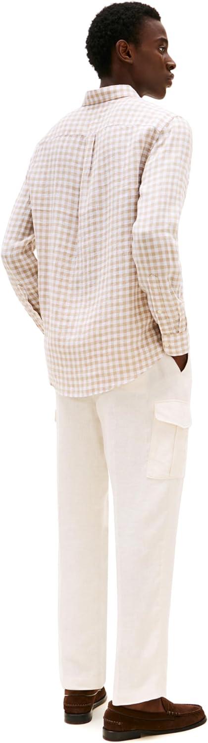 imageTommy Hilfiger Mens Long Sleeve Casual Linen Button Down Shirts in Regular FitSandalwood Check